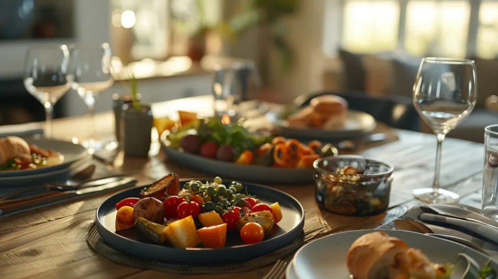 a cozy, modern dining space is set with an inviting, artfully arranged meal emphasizing colorful plates of wholesome food, accompanied by soft ambient lighting that encourages mindfulness and connection during a meal.