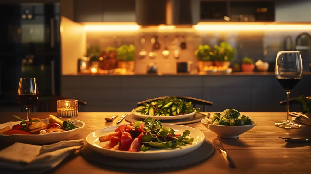 a serene dining table is elegantly set in a modern kitchen, featuring a beautifully arranged plate of colorful, healthy foods, with gentle ambient lighting that highlights the textures and freshness, inviting focused and mindful eating.