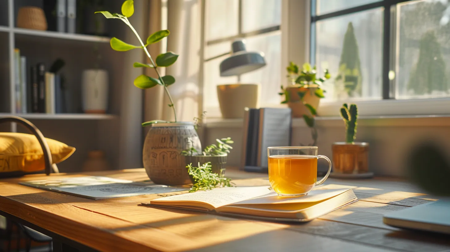 a serene, well-organized office workspace features an elegantly arranged food journal open beside a calming cup of herbal tea, with a soft-focus meditation cushion in the background, symbolizing a tranquil journey towards mindful eating.