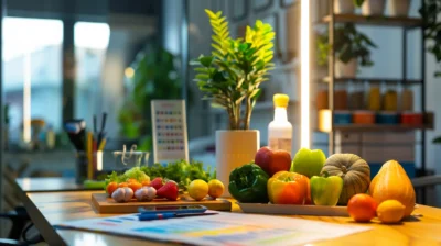 a sleek, modern office setting showcases a stylish desk adorned with colorful, meticulously arranged healthy foods and vibrant charts detailing nutritional therapy strategies, illuminated by bright, focused lighting that emphasizes a commitment to optimal health.