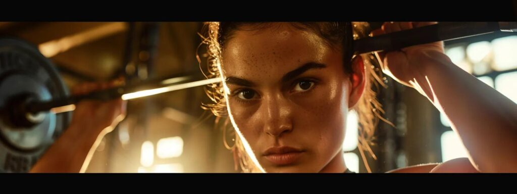 a determined individual confidently engages in an intense strength training session at a modern fitness studio, showcasing muscular definition and focused expression amidst an inspiring atmosphere of empowerment and community support.