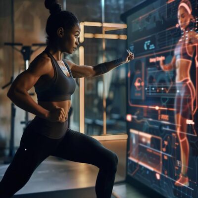 a dynamic fitness coaching session takes place in a modern gym studio, showcasing an empowered individual confidently demonstrating effective exercises with motivating fitness graphics in the background, emphasizing the theme of recognizing personal strength.