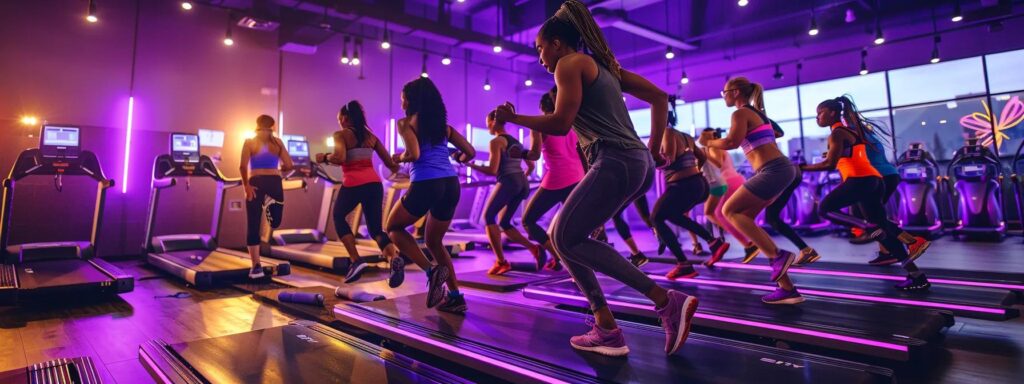 a dynamic fitness training session is in full swing at planet fitness, showcasing diverse participants engaged in invigorating group workouts led by enthusiastic instructors in a modern gym setting, with an emphasis on camaraderie and personal achievement.