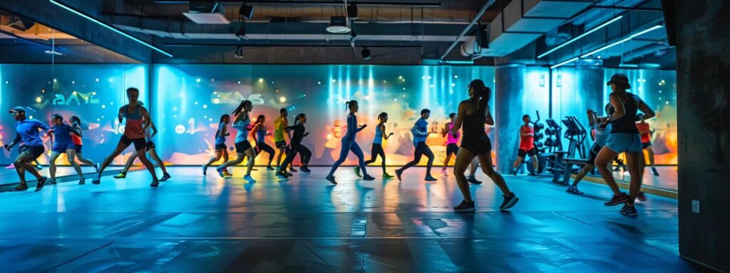a dynamic fitness training session unfolds in a modern gym, showcasing a diverse group of determined individuals engaged in high-intensity workouts, surrounded by vibrant, state-of-the-art equipment and bright, motivating lighting.