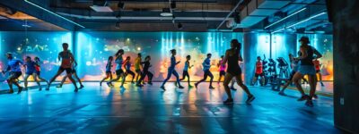 a dynamic fitness training session unfolds in a modern gym, showcasing a diverse group of determined individuals engaged in high-intensity workouts, surrounded by vibrant, state-of-the-art equipment and bright, motivating lighting.