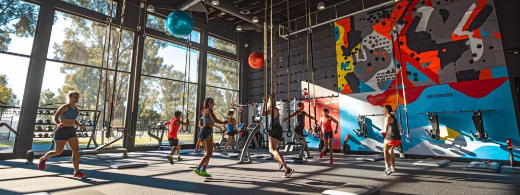 a dynamic fitness training session unfolds in a modern gym, showcasing individuals engaged in a variety of exercises—weightlifting, stretching, and interval training—against a backdrop of sleek equipment and motivational wall art, highlighting the multifaceted approach to enhancing strength, endurance, and overall health.