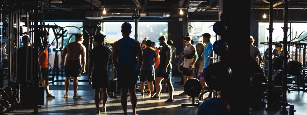 a dynamic gym interior showcases a group of athletes energetically engaging in strength training, surrounded by a visually compelling arrangement of nutritious foods rich in proteins, carbohydrates, and healthy fats, symbolizing the essential balance between diet and performance.