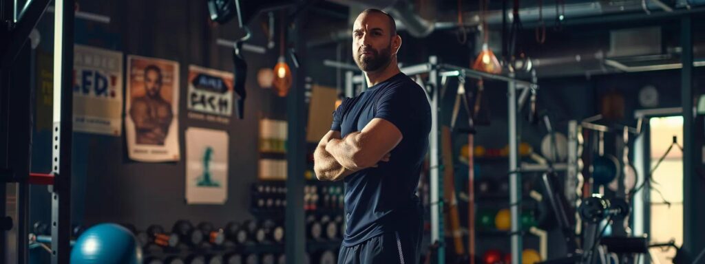 a powerful fitness coach stands confidently in a modern gym, surrounded by sleek workout equipment and vibrant motivational posters, showcasing the ultimate dedication to strength training.