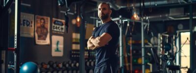 a powerful fitness coach stands confidently in a modern gym, surrounded by sleek workout equipment and vibrant motivational posters, showcasing the ultimate dedication to strength training.