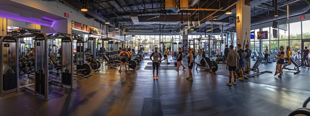 a vibrant group fitness session in a modern santa monica gym, showcasing individuals of diverse backgrounds enthusiastically engaging in strength training, with motivational trainers guiding them and a palpable sense of community support evident in their expressions and interactions.