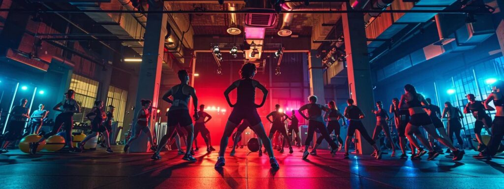 a vibrant indoor gym scene captures a diverse group of individuals engaged in various fitness training activities, showcasing strength exercises, mobility drills, and balance routines, all under dynamic, focused lighting.