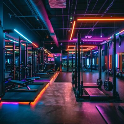 a vibrant urban gym in auburn, al, filled with engaging personal training sessions, showcasing enthusiastic trainers guiding diverse clients through high-energy workouts under dynamic fluorescent lighting.