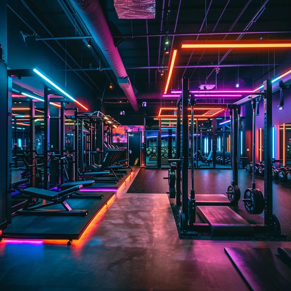 a vibrant urban gym in auburn, al, filled with engaging personal training sessions, showcasing enthusiastic trainers guiding diverse clients through high-energy workouts under dynamic fluorescent lighting.