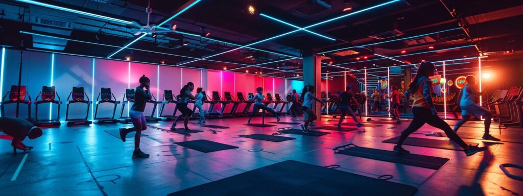 an energizing gym environment showcases diverse fitness training stations, featuring individuals engaged in functional, strength, and agility exercises, with vibrant lighting highlighting their focused expressions and dynamic movements.