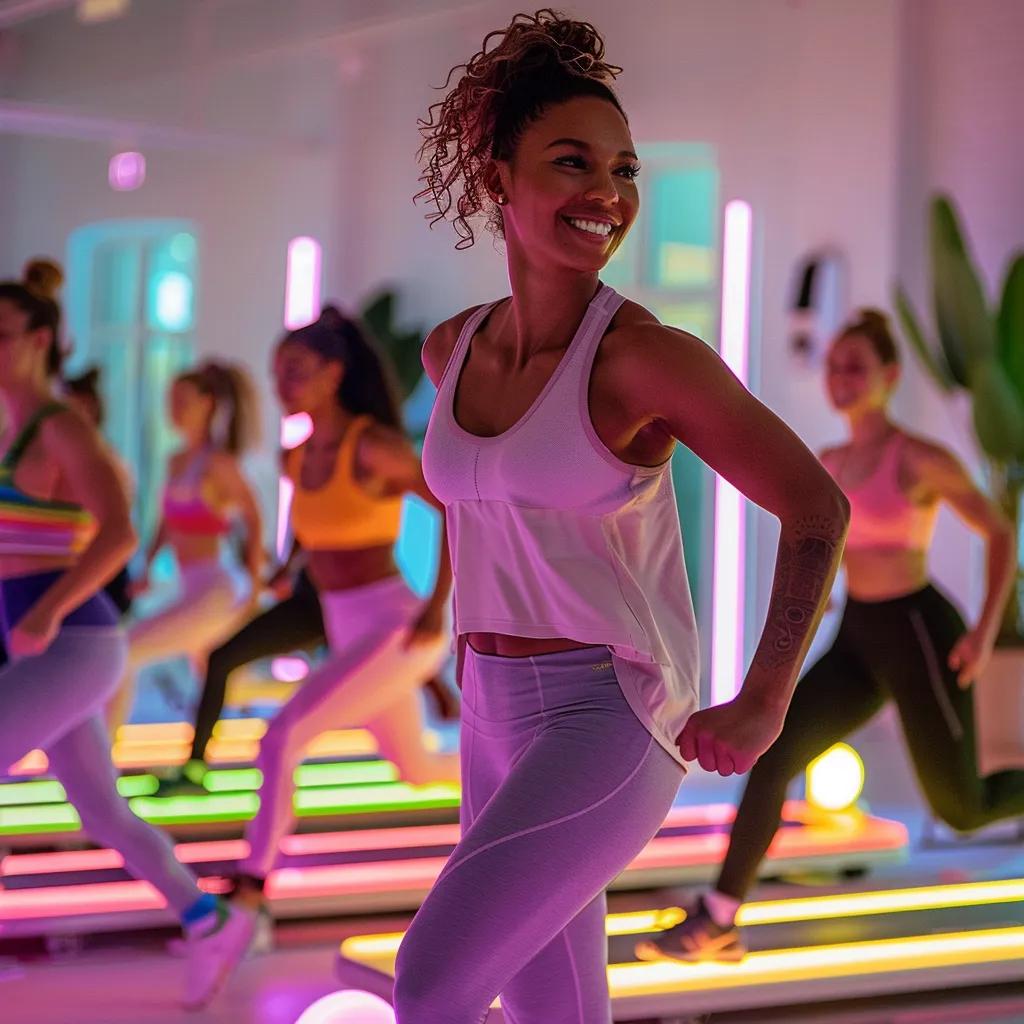 a dynamic indoor fitness studio, brightly lit and equipped with colorful exercise mats, showcases a diverse group of motivated women engaging in an energetic online workout class, emphasizing empowerment and community in their pursuit of health.