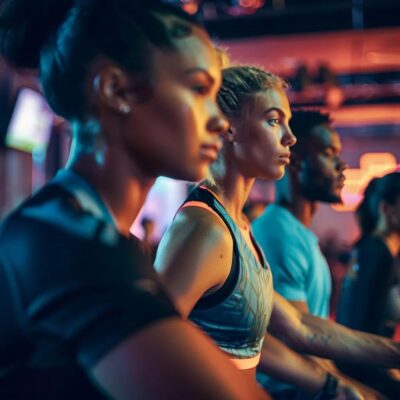 a vibrant urban gym scene featuring a diverse group of individuals engaged in an energetic personal training session, showcasing various exercise equipment and a motivational atmosphere.