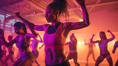 a vibrant group fitness class in a modern urban studio, filled with enthusiastic participants engaged in an energizing workout, illuminated by dynamic lighting that highlights their determination and camaraderie.