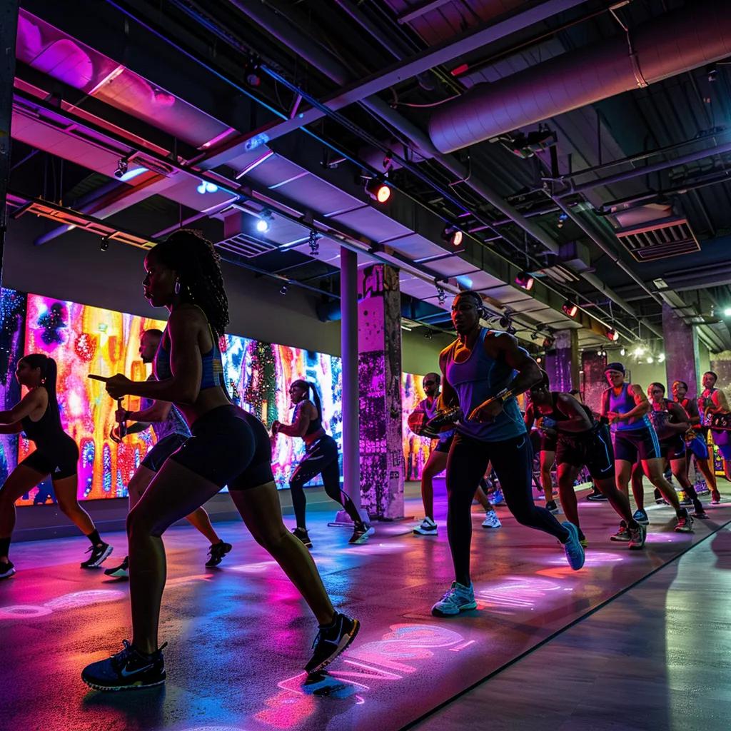 a vibrant and energetic small group personal training session in a modern auburn gym, featuring diverse individuals engaged in high-intensity workouts surrounded by motivational wall art and dynamic exercise equipment.