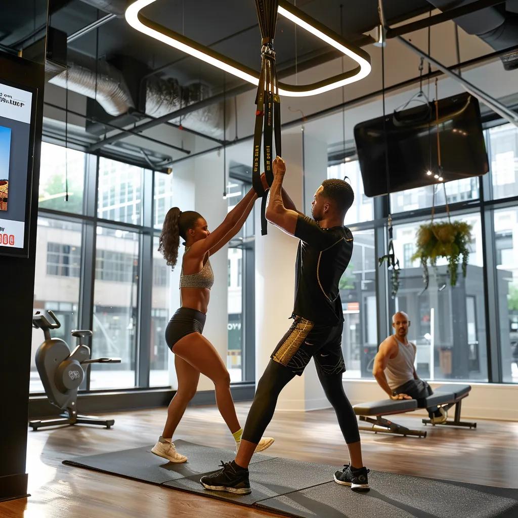 a dynamic personal training session unfolds in a sleek, modern fitness studio in river north, featuring an energetic trainer guiding a focused client through an intense workout against a backdrop of stylish urban decor and motivational visuals.