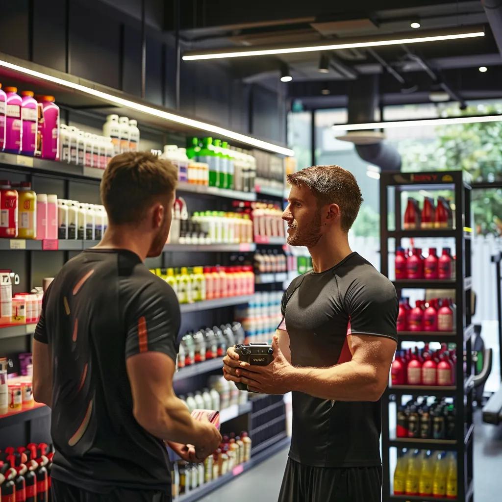 a modern gym interior showcases a dedicated personal trainer guiding a focused client through a workout, surrounded by nutrition guides and vibrant protein shake preparations, emphasizing the synergy of fitness and dietary guidance.