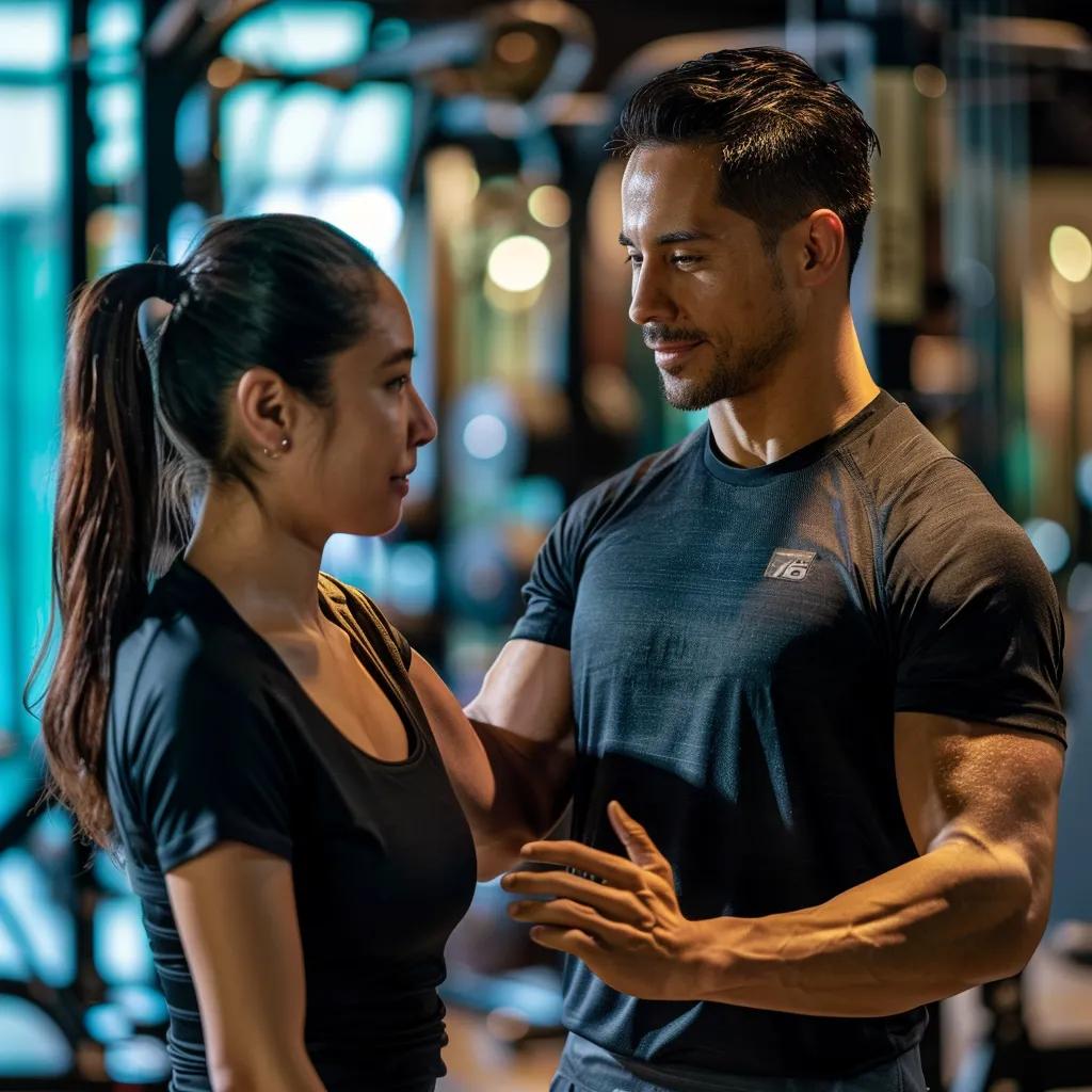 a dynamic indoor personal training session in a modern gym in canton, showcasing an energetic trainer guiding a focused client through an intense workout with advanced equipment and vibrant lighting that emphasizes motivation and dedication.
