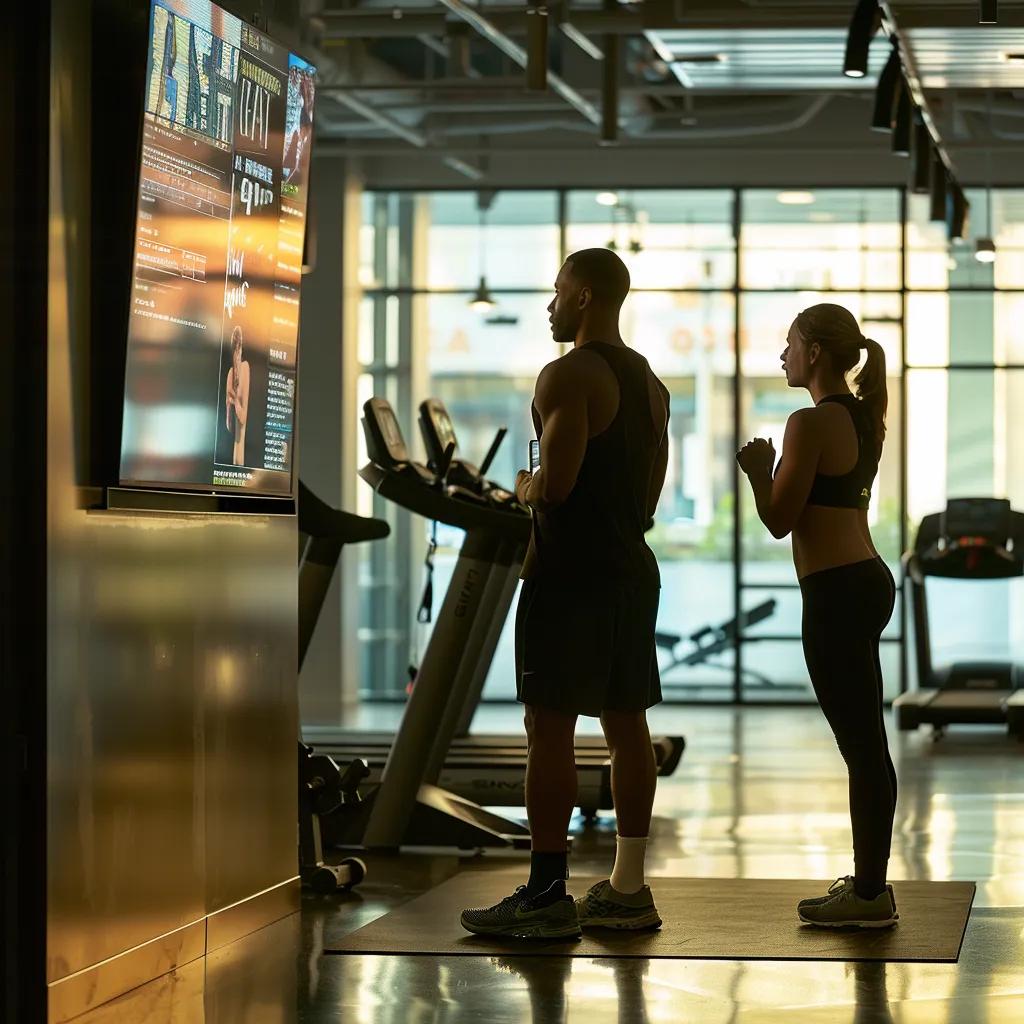a focused individual consults with a determined personal trainer in a modern fitness studio, surrounded by high-tech workout equipment and motivational wall art, embodying the pursuit of personalized fitness goals.