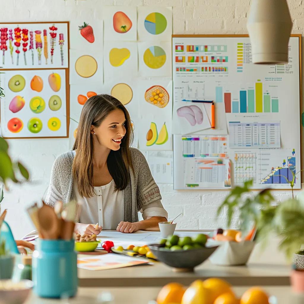 a modern, well-lit office setting showcases a nutrition coach engaged in a vibrant consultation with a client, surrounded by colorful food charts and healthy ingredient options displayed prominently on a sleek table, emphasizing a personalized approach to wellness.