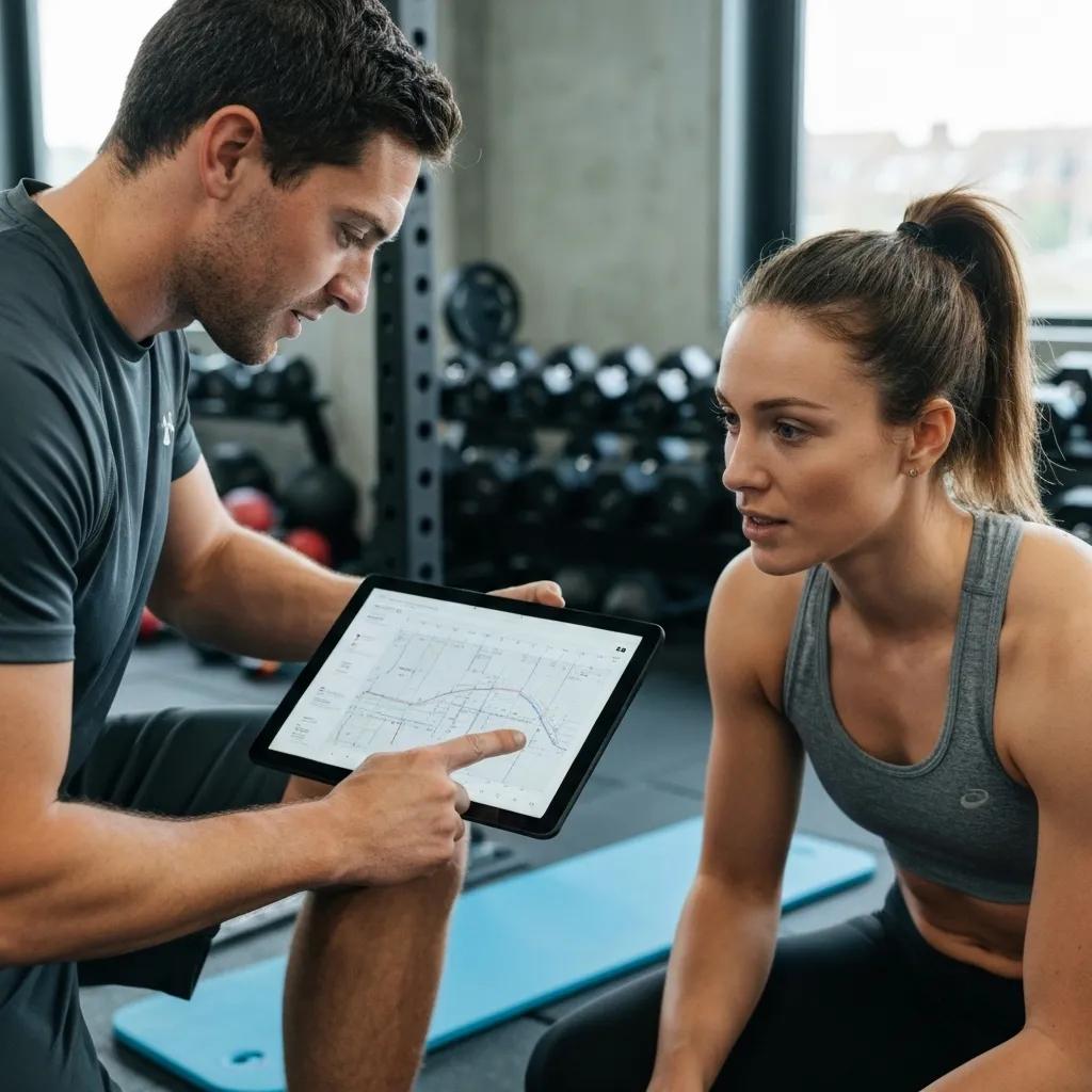 Personal trainer showing a customized workout plan to a client in a gym
