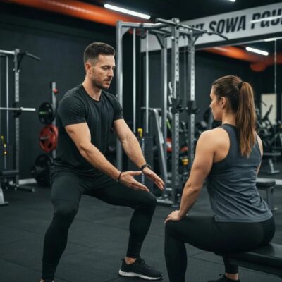 Personal trainer assisting a client in a gym, highlighting personalized fitness coaching