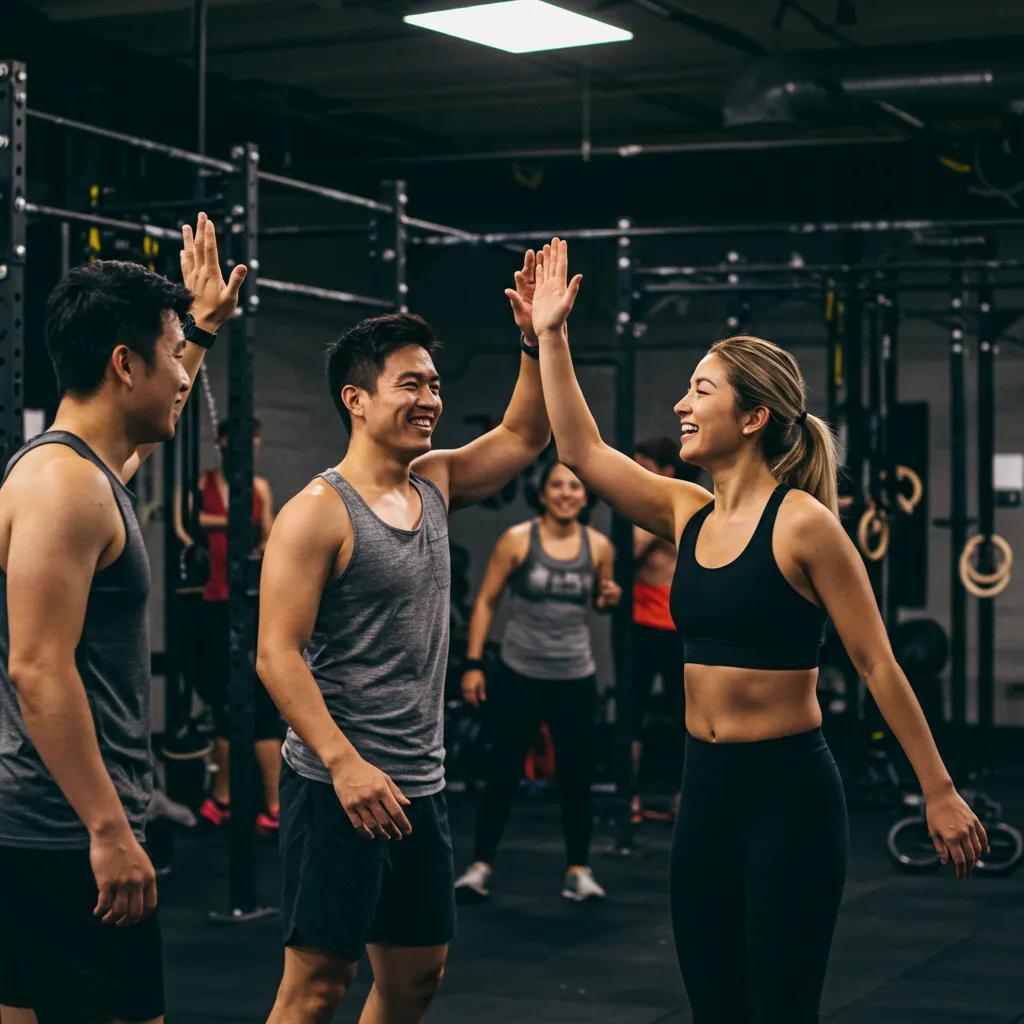 Participants celebrating after a workout in a small group training session, emphasizing motivation and accountability