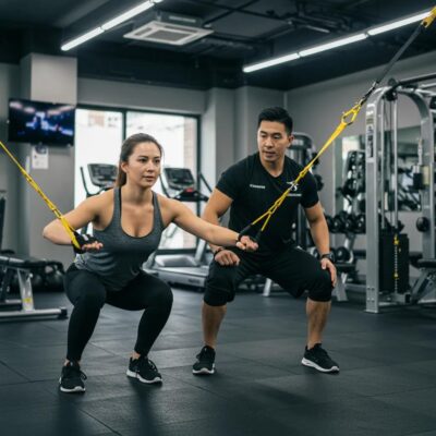 Personal trainer assisting a client in a gym, highlighting the benefits of 1-on-1 fitness coaching