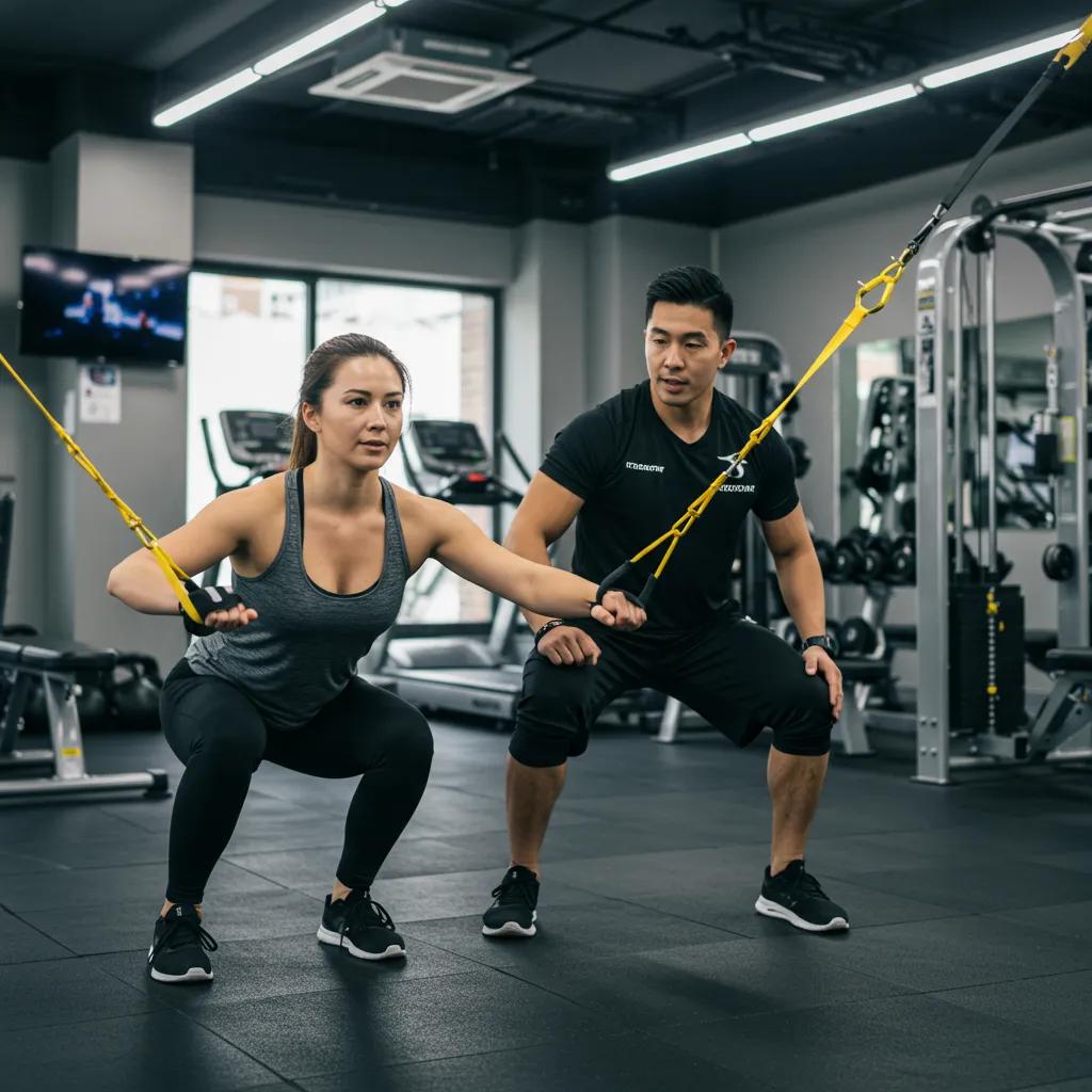 Personal trainer assisting a client in a gym, highlighting the benefits of 1-on-1 fitness coaching