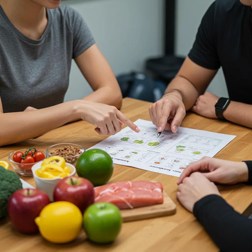 Personal trainer explaining nutrition strategies to a client, highlighting the integration of dietary guidance in personal training