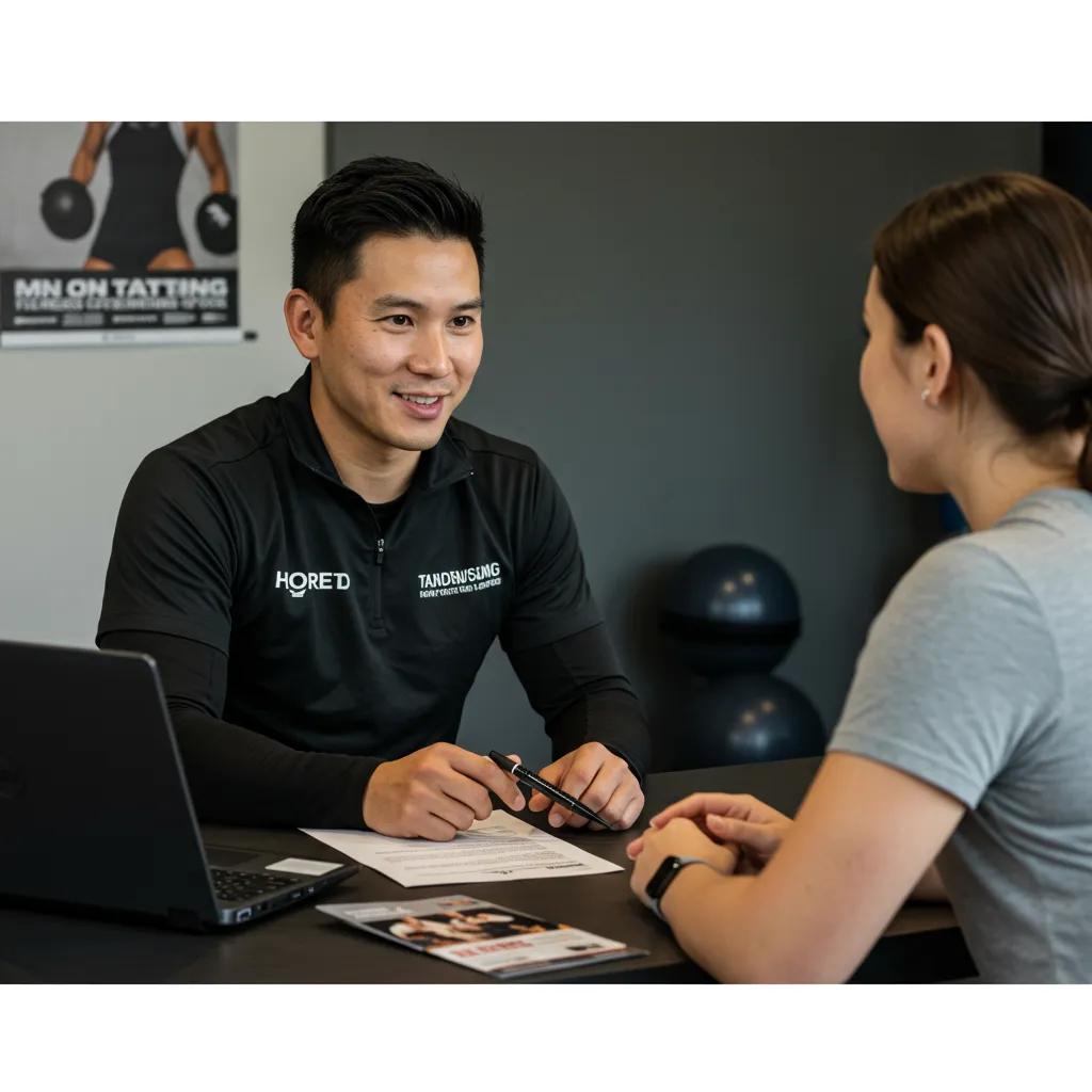 Personal trainer explaining pricing options to a client, focusing on affordability in fitness