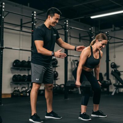 Personal trainer motivating a client during a workout, illustrating the importance of accountability in personal training