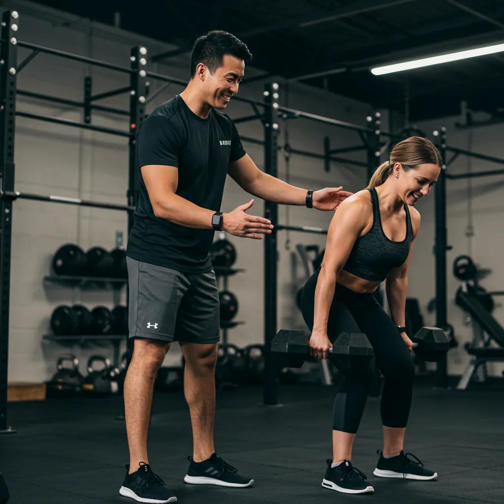 Personal trainer motivating a client during a workout, illustrating the importance of accountability in personal training