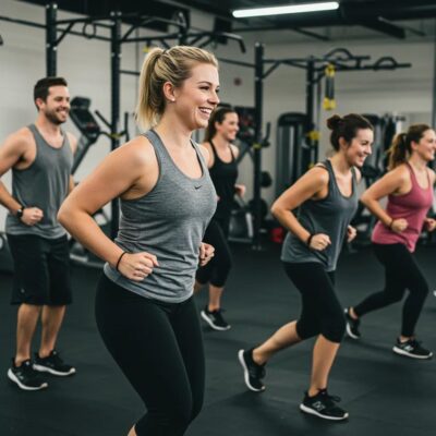 Small group personal training session in Auburn with diverse participants and a trainer, emphasizing community and motivation