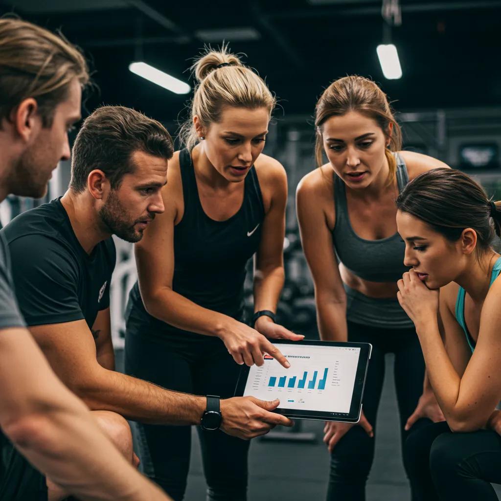 Fitness trainer and participants reviewing progress metrics in a small group training session in Auburn