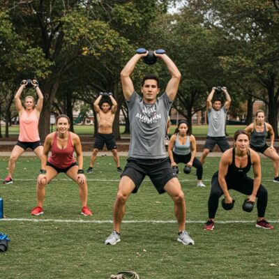 Group of diverse individuals engaged in functional workout classes outdoors in Auburn, showcasing community and fitness.