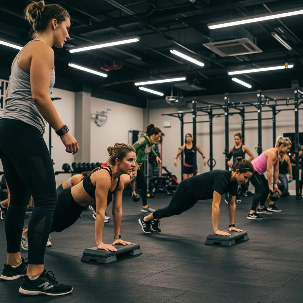 Participants engaged in a high-intensity interval training class, showcasing dynamic exercises and an energetic atmosphere