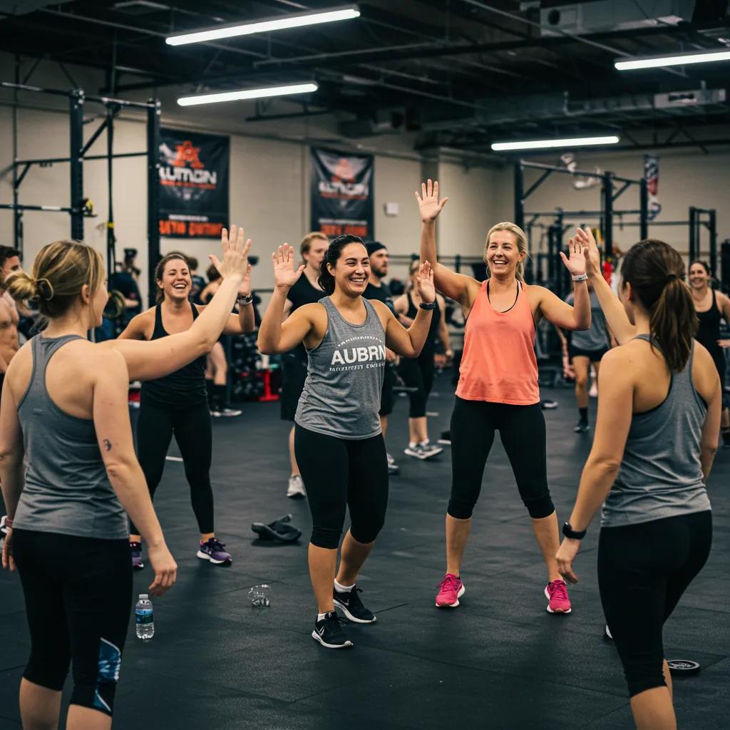 Participants in a small group fitness class in Auburn providing encouragement and support to each other