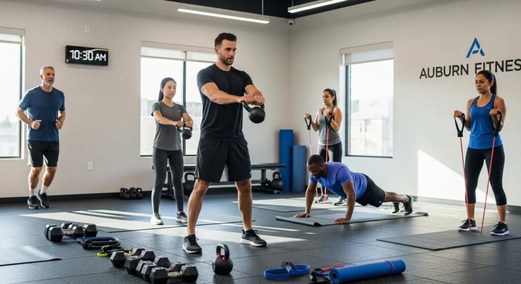 Small group personal training session in Auburn with a trainer guiding participants through exercises