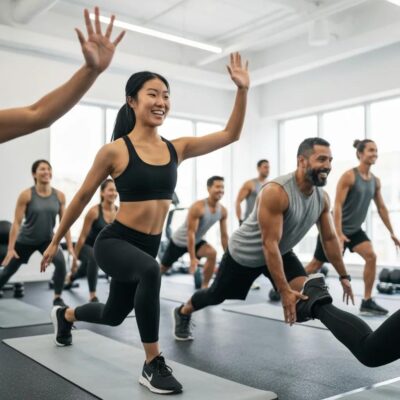 Group fitness class in Auburn showcasing diverse participants engaged in strength training exercises