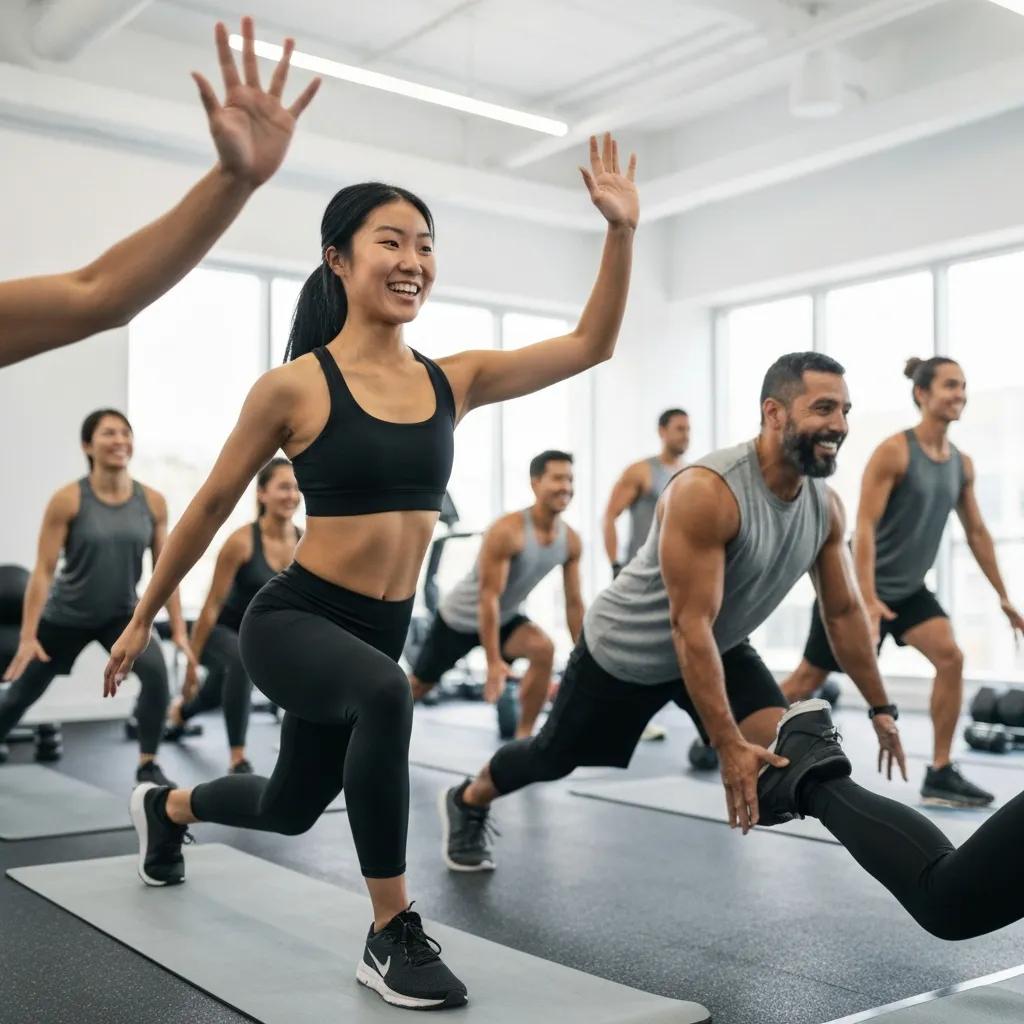 Group fitness class in Auburn showcasing diverse participants engaged in strength training exercises