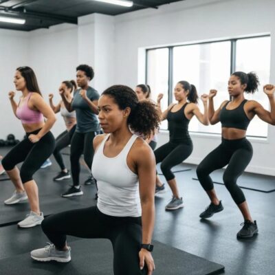 Group of diverse individuals engaged in a personalized workout class with a trainer in a modern gym