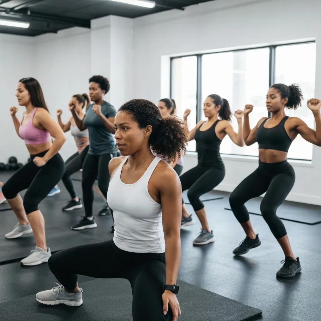 Group of diverse individuals engaged in a personalized workout class with a trainer in a modern gym