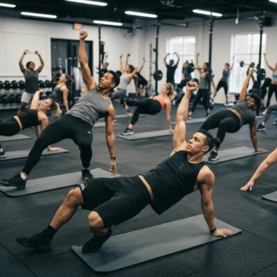 Group workout class in Auburn showcasing diverse participants engaged in strength training and HIIT exercises