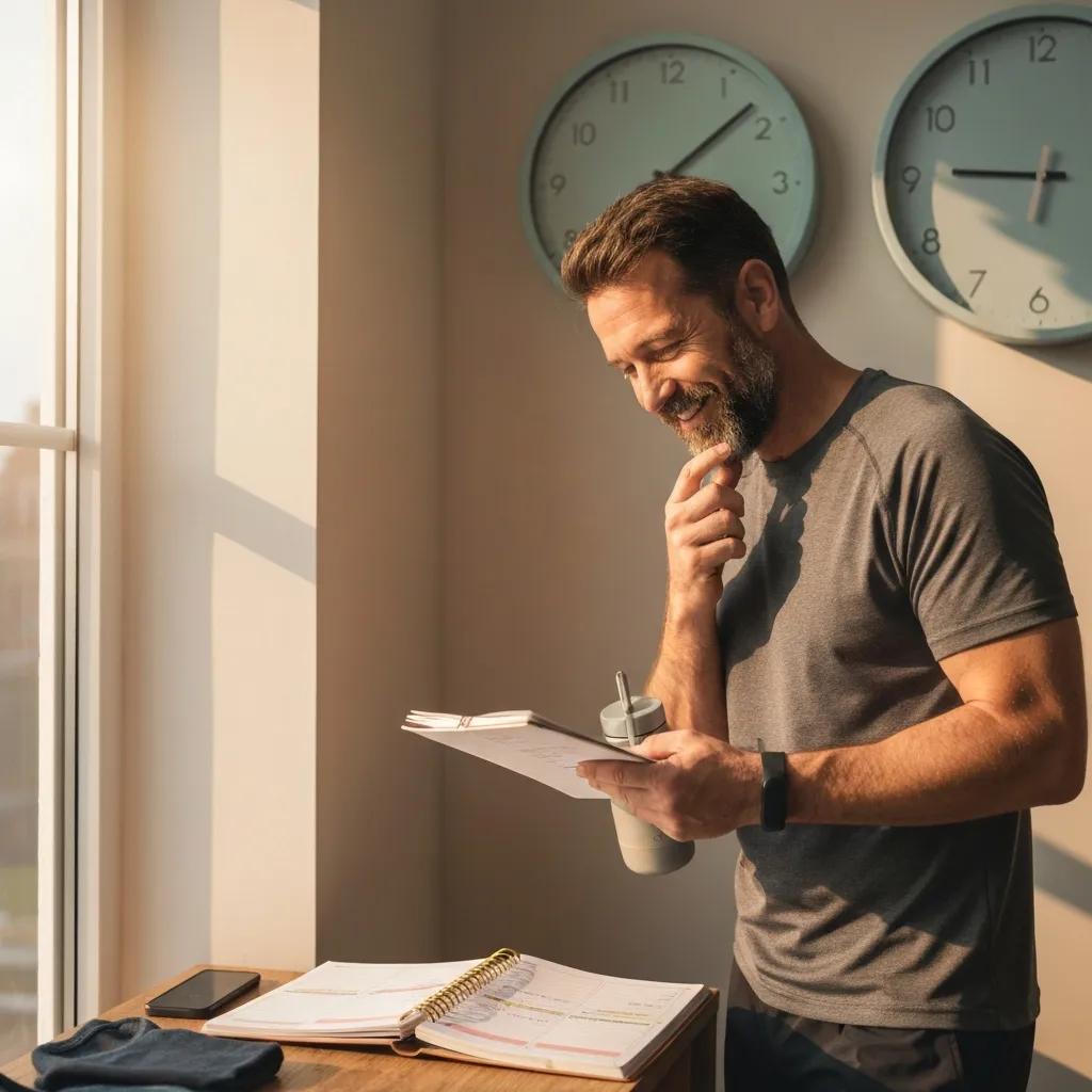 Individual planning workout schedule with fitness gear and clock, reflecting lifestyle choices