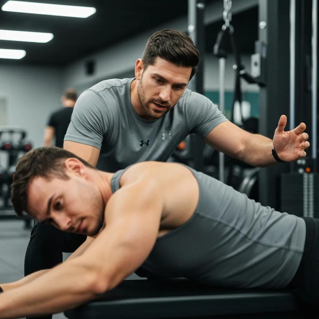 Personal trainer providing one-on-one coaching to a client in a gym setting