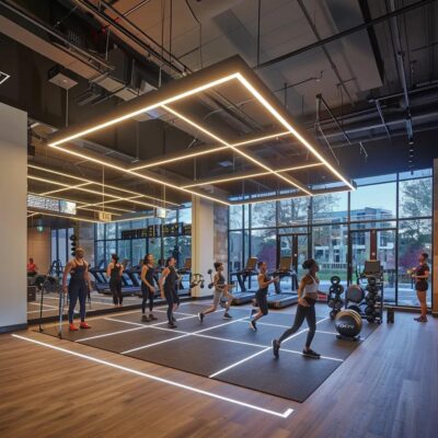a modern fitness studio in auburn, bustling with energy as a diverse group of individuals engages in an intense personal training session led by an enthusiastic instructor, illuminated by dynamic indoor lighting and sleek workout equipment.